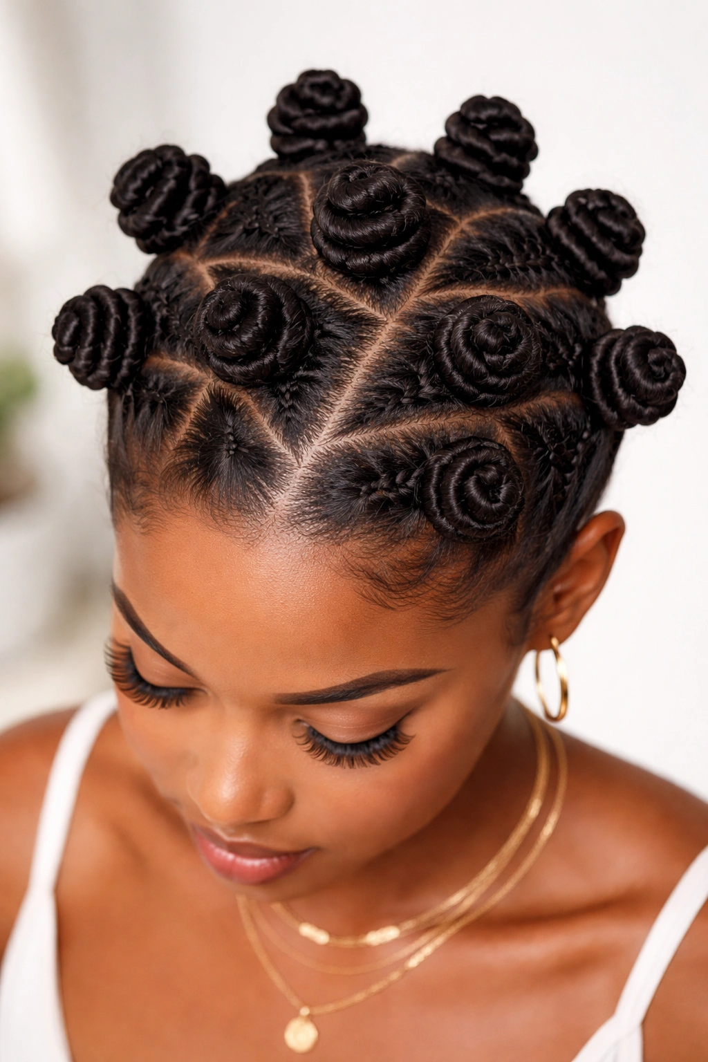 Bantu knots arranged in a grid on top of the head.