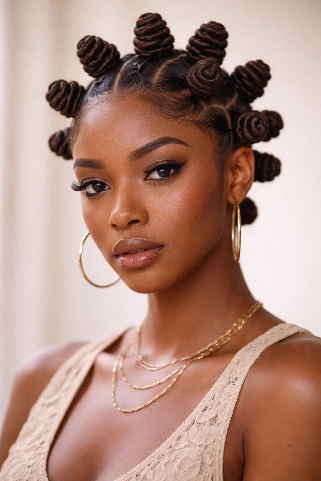 Close-up of small Bantu knots pressed to the scalp forming a textured crown