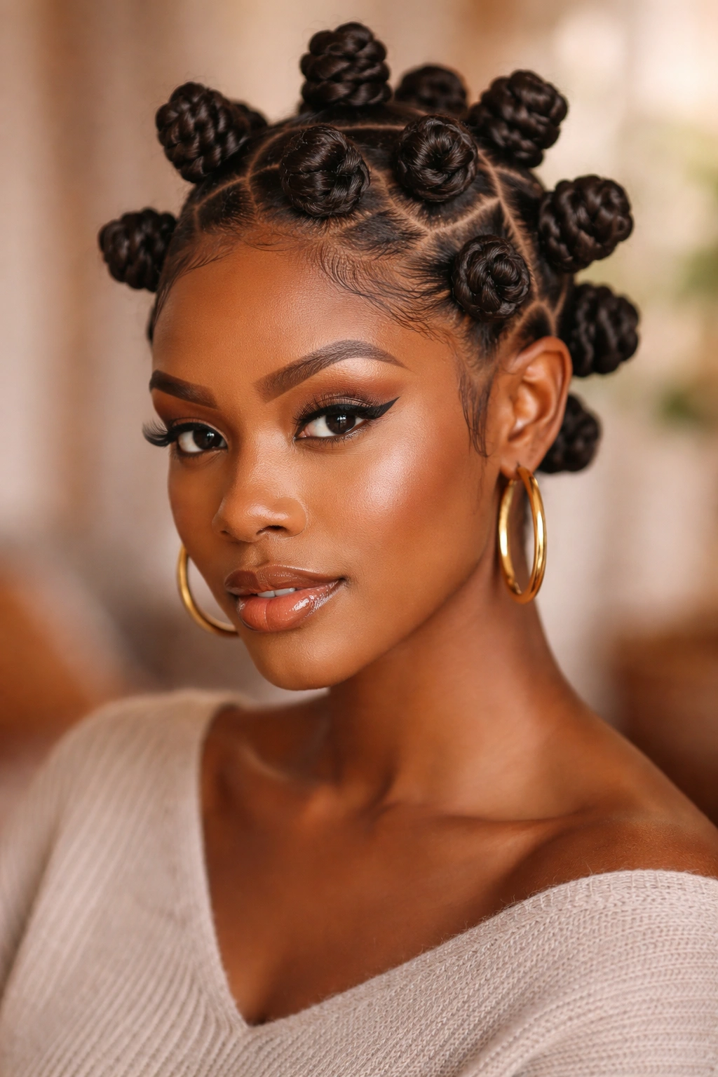 Close-up of small bantu knots arranged in geometric pattern