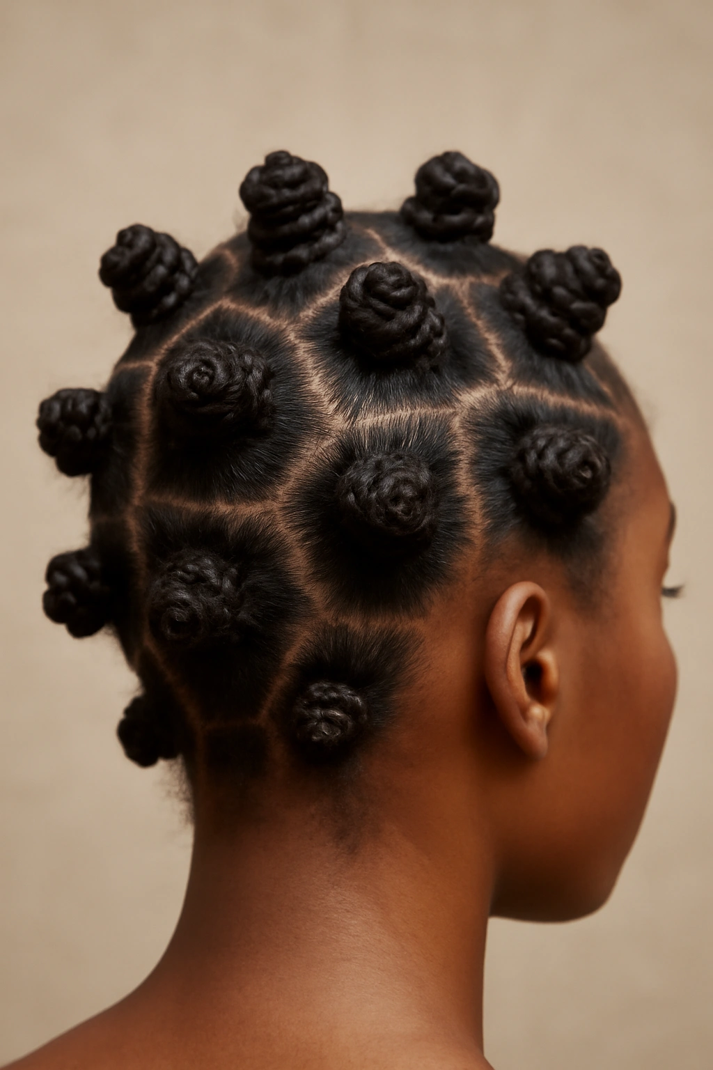 20 Hairstyles for Black Women Sorted by Hair Texture 11 Close-up of Bantu knots arranged on scalp; a protective hairstyle for black hair.