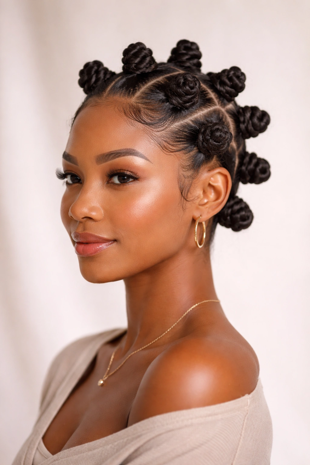 Close-up of multiple small bantu knots on natural hair