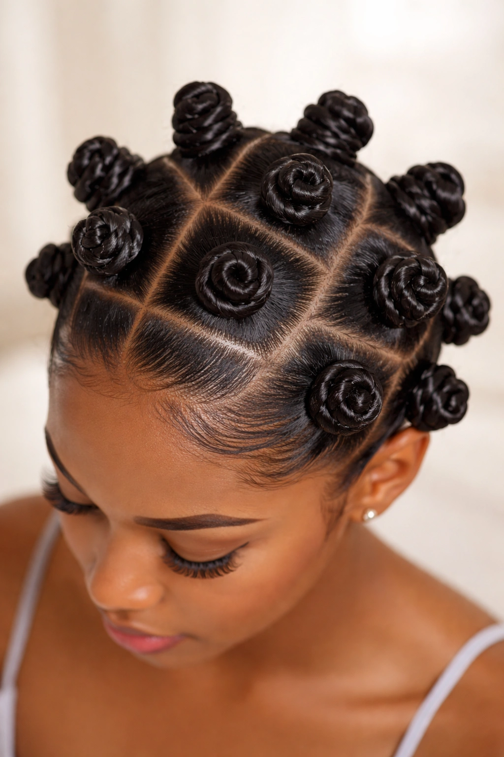 Top-down close-up of multiple Bantu knots on scalp