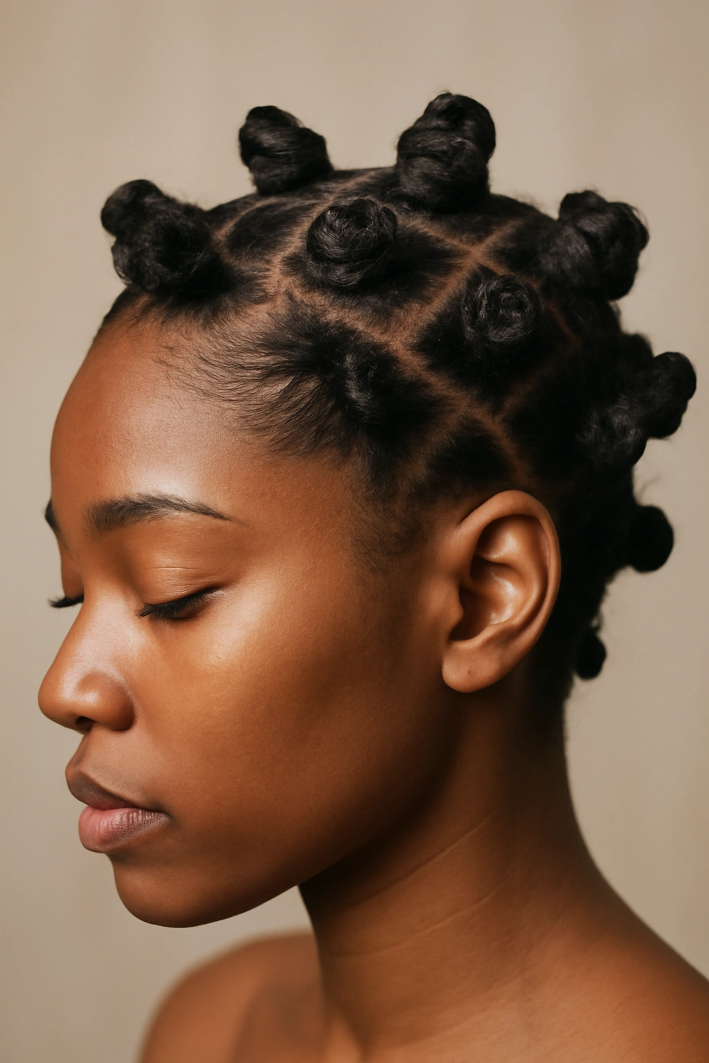 15 Easy Everyday Hairstyles for Black Women to Try 7 Close-up of a Black woman with uniform Bantu knots showcasing texture