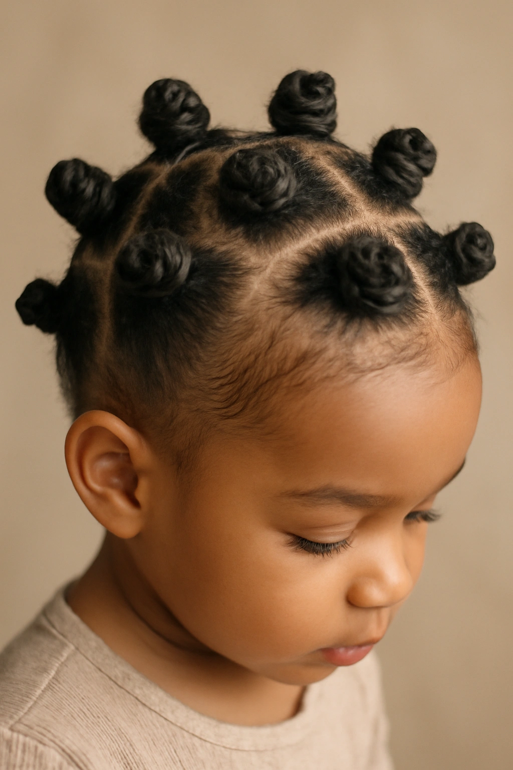 12 Toddler Hairstyles That Actually Stay All Day 9 Toddler hair styled into multiple Bantu knots secured at the scalp.