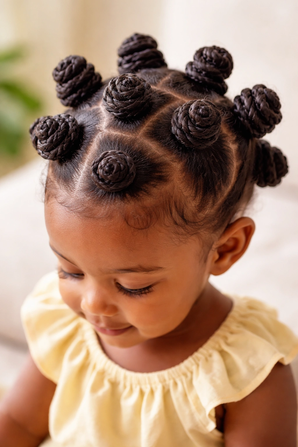 Toddler with bantu knots on crown