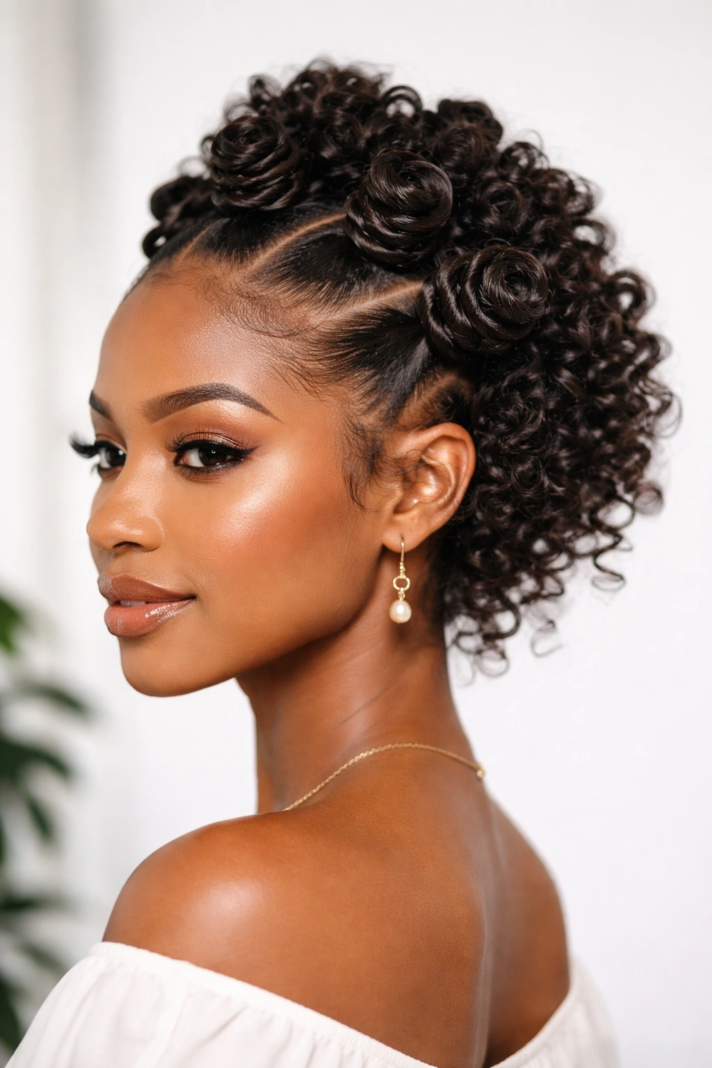 Multiple bantu knots arranged in an updo with soft curls visible.