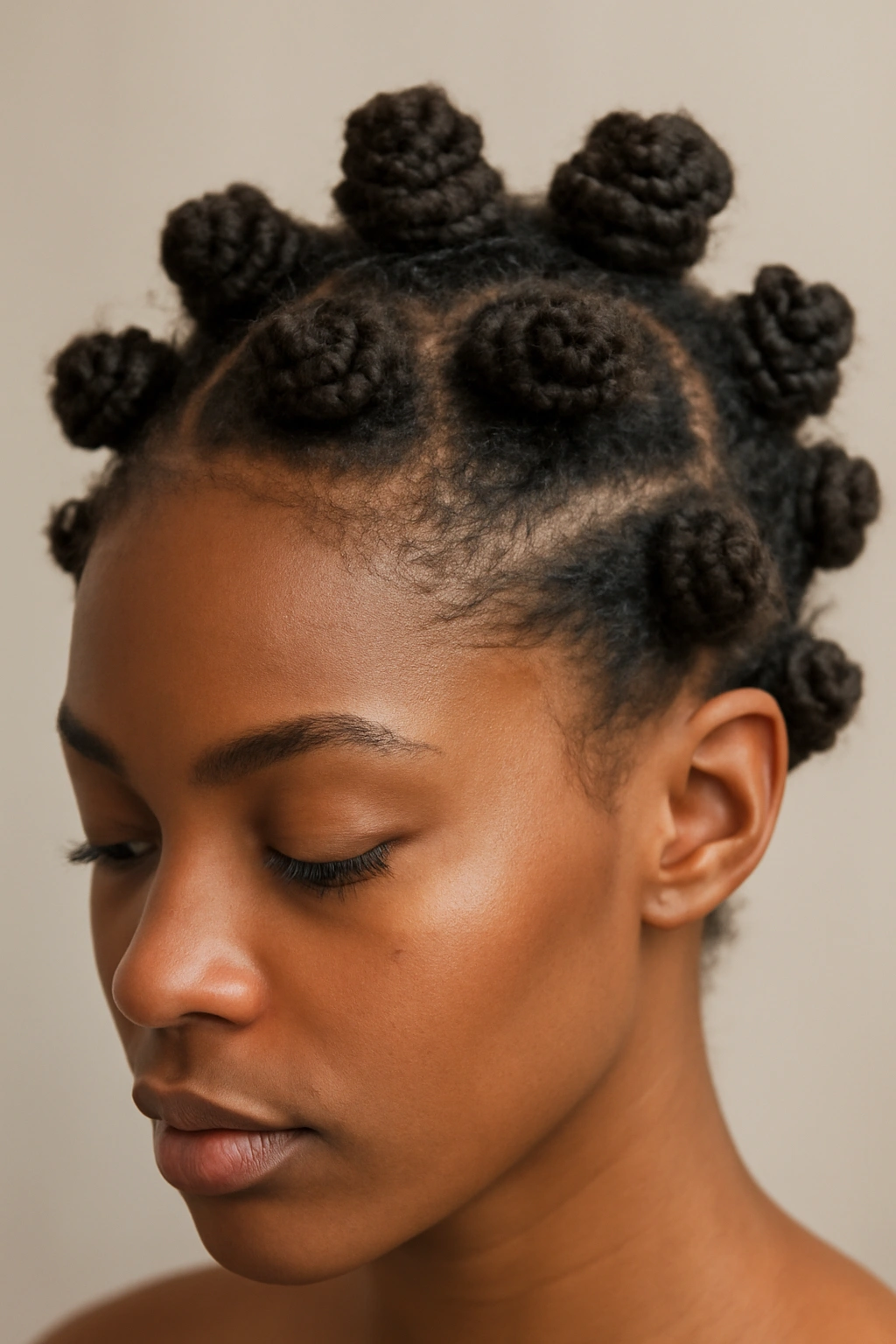 20 Short Natural Hairstyles for Black Women to Save 9 Close-up of bantu knots on short natural hair showing volume and definition