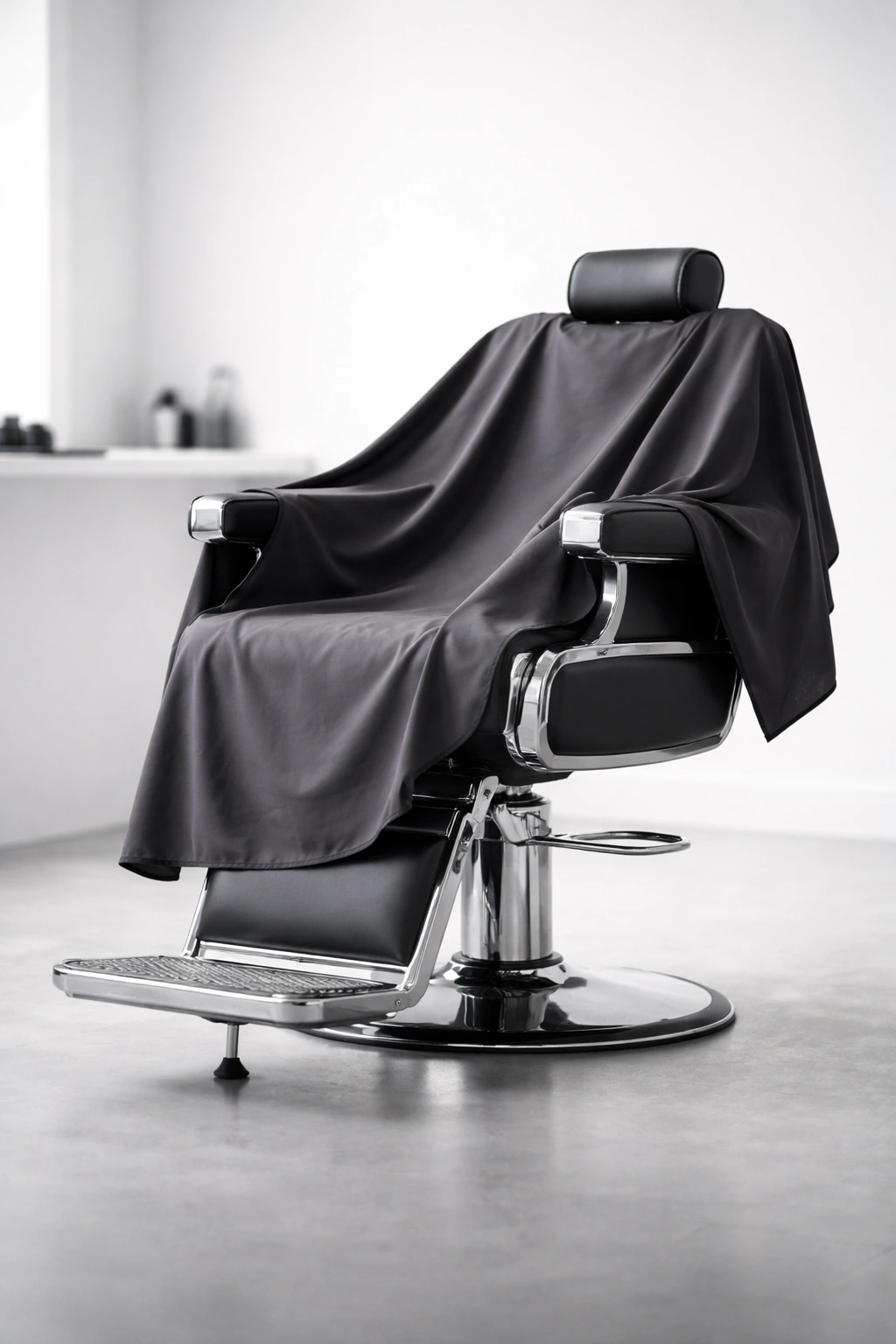 Close-up of a modern barber chair with a cape in a clean studio, emphasizing routine barber maintenance