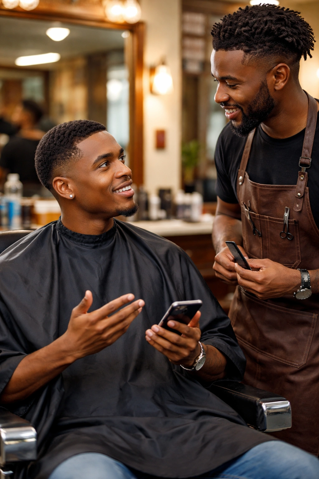 Barber and client discussing fade and top length in a warm barbershop setting