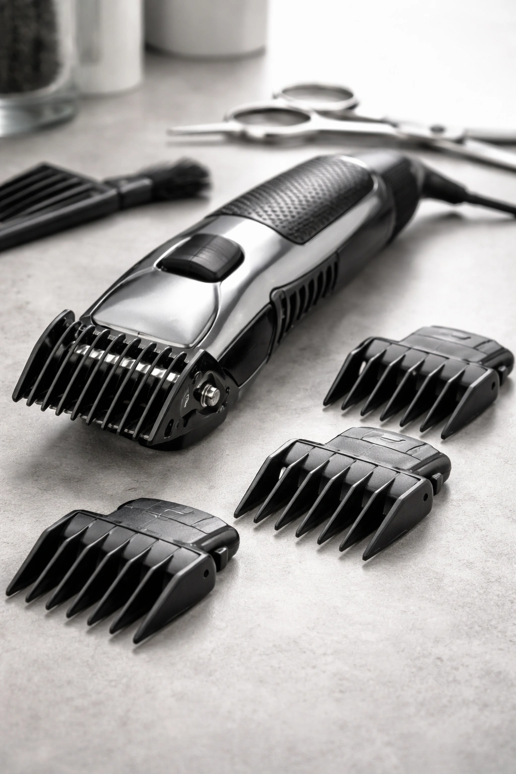 Close-up of barber clippers with guards on a plain surface