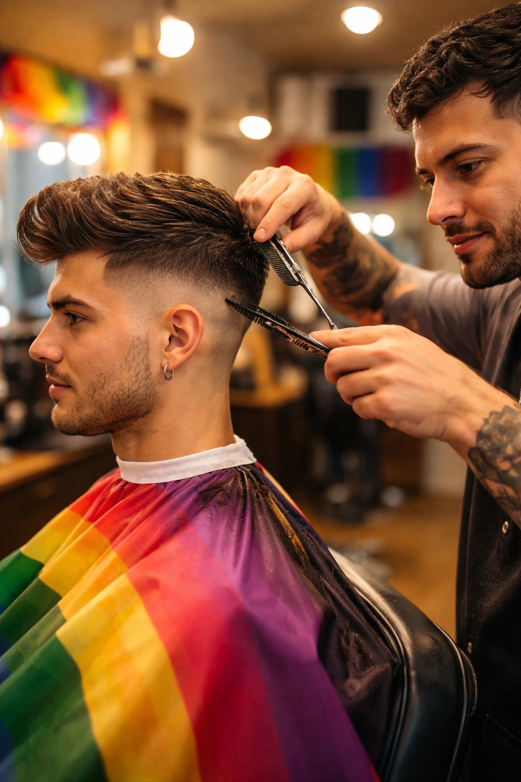 Close-up of barber's hands shaping hair during a consultation in a friendly salon.