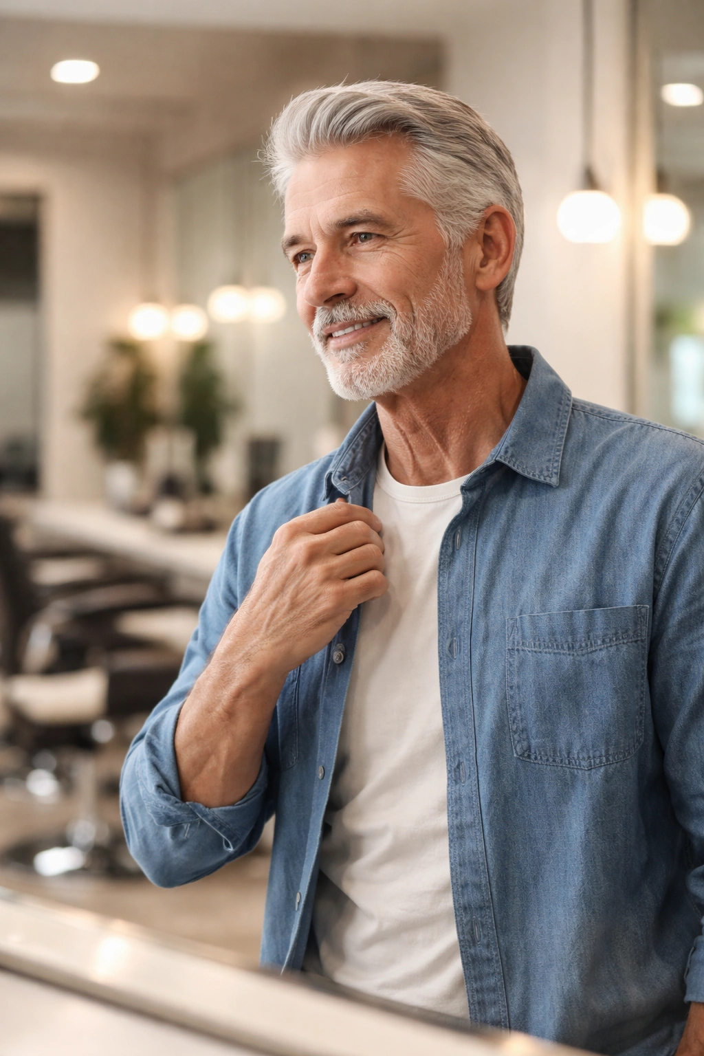 Confident older man admiring fresh haircut in a bright barbershop mirror