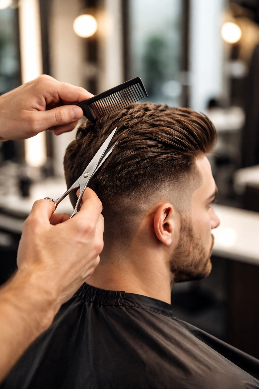 Barber's hands shaping hair with scissors and comb during a consultation