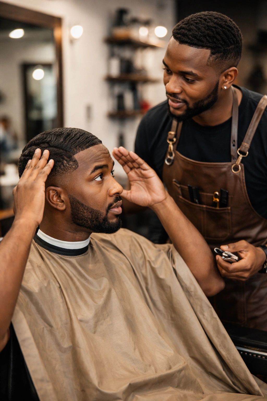 Client discussing haircut with barber in chair