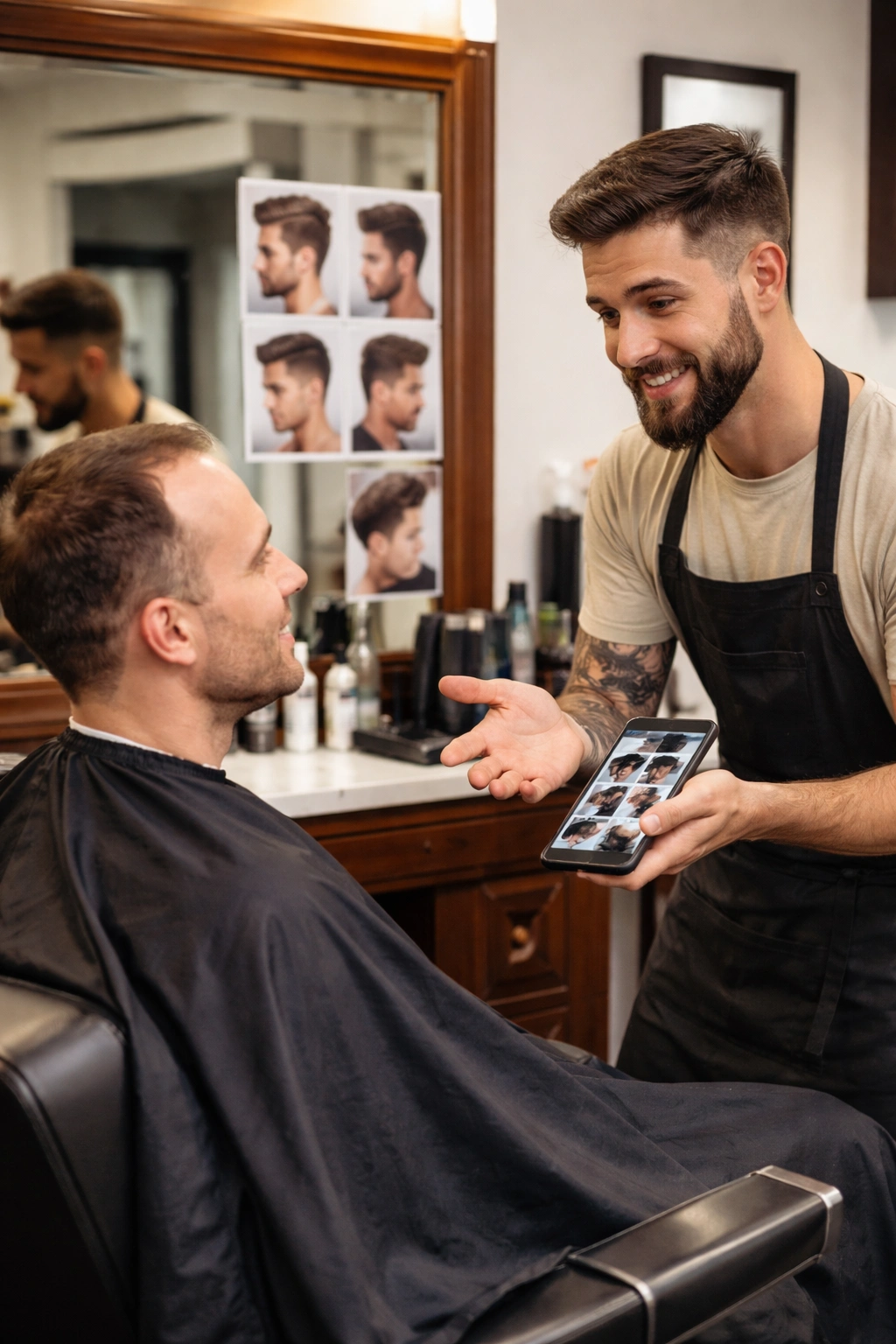 Barber consultation scene with client listening and barber explaining options