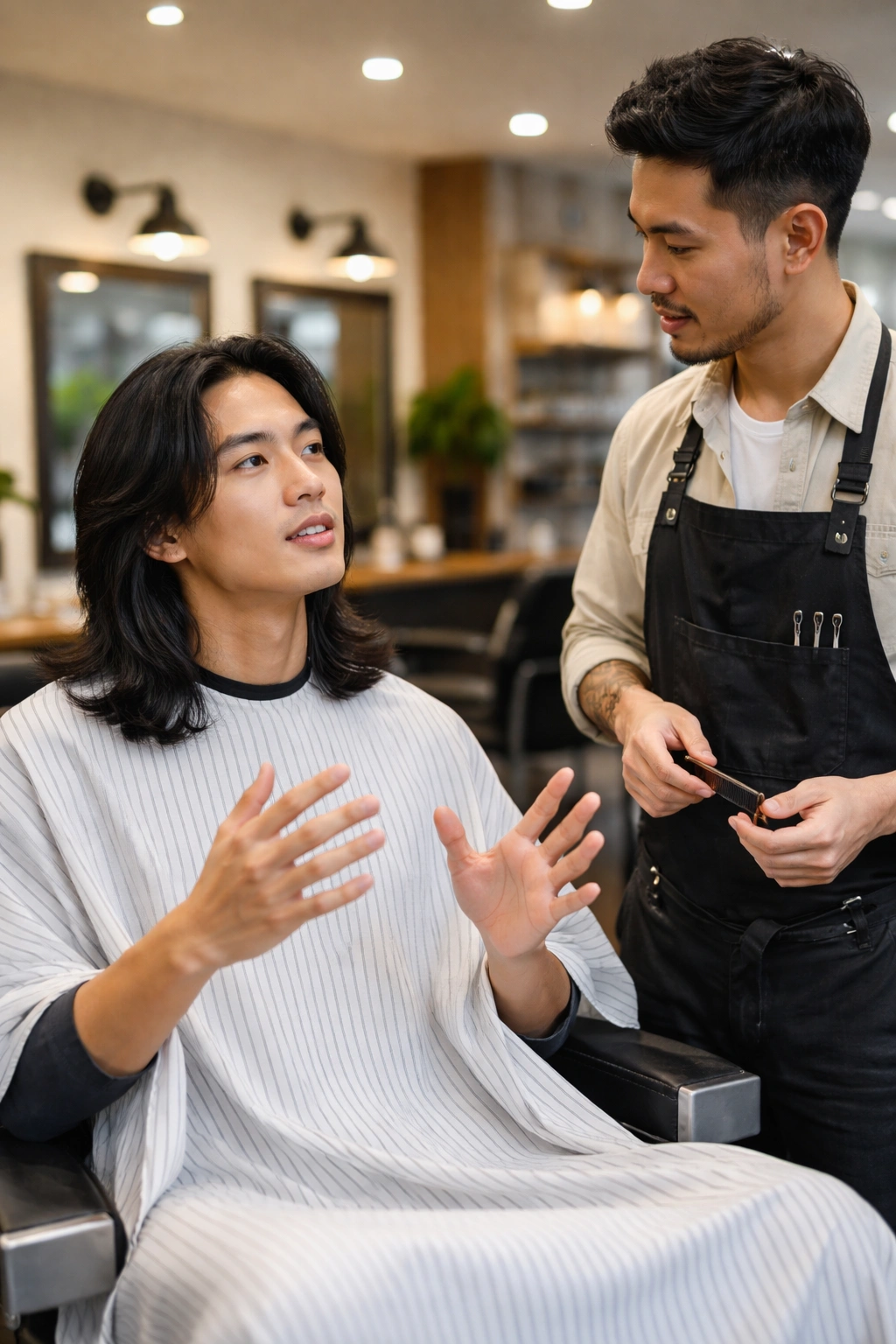 Client consulting barber in a barbershop about a long hairstyle