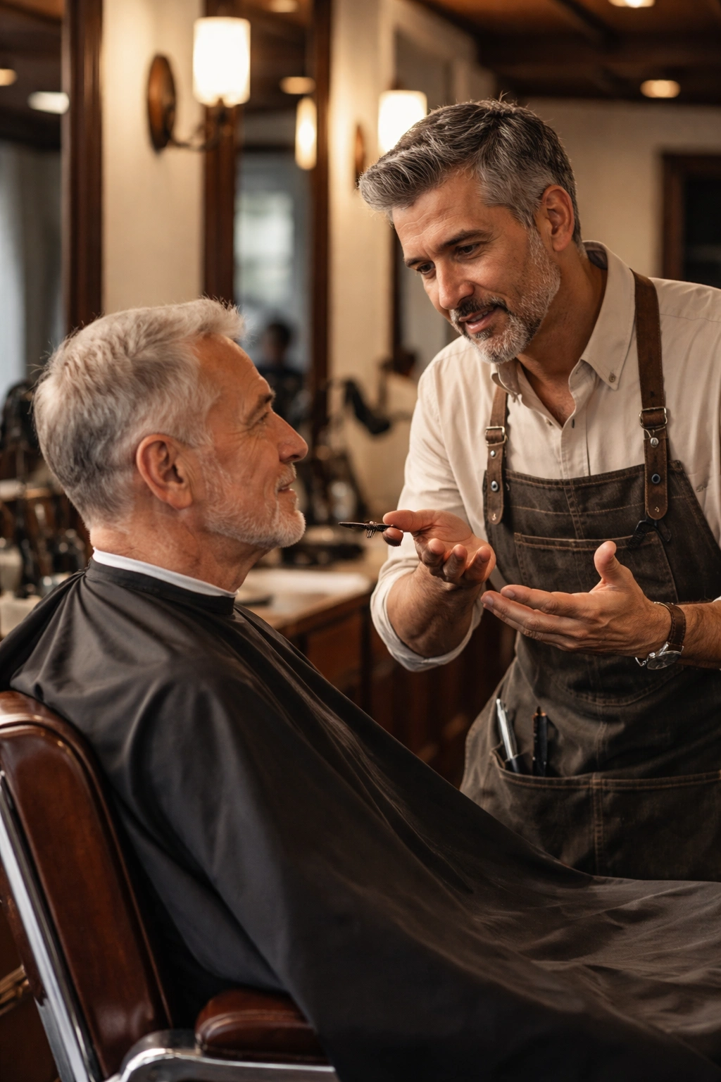 Mature man with thinning hair in a barbershop chair consulting a barber