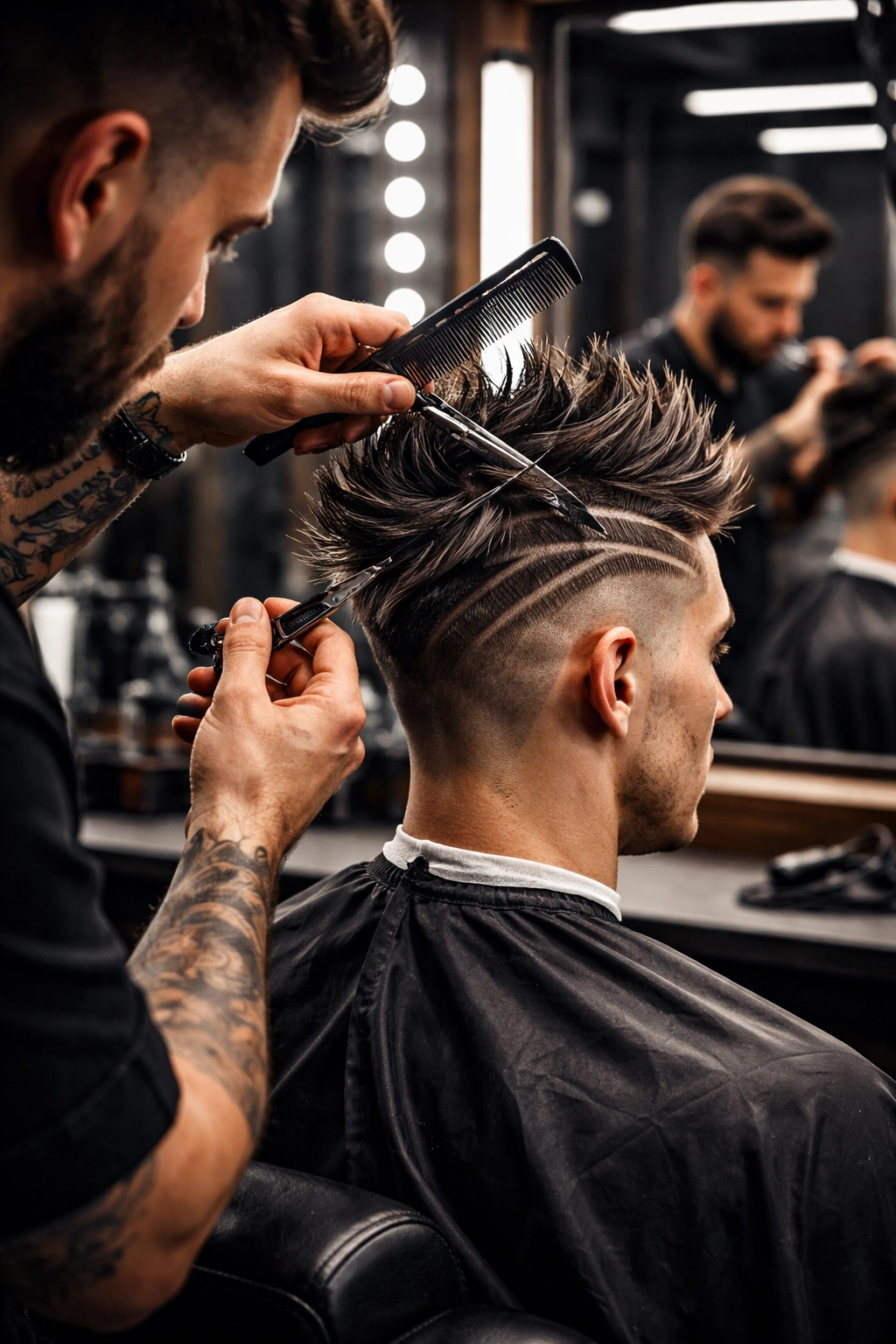 Close-up of a master barber shaping a bold geometric haircut on a male client in a modern salon