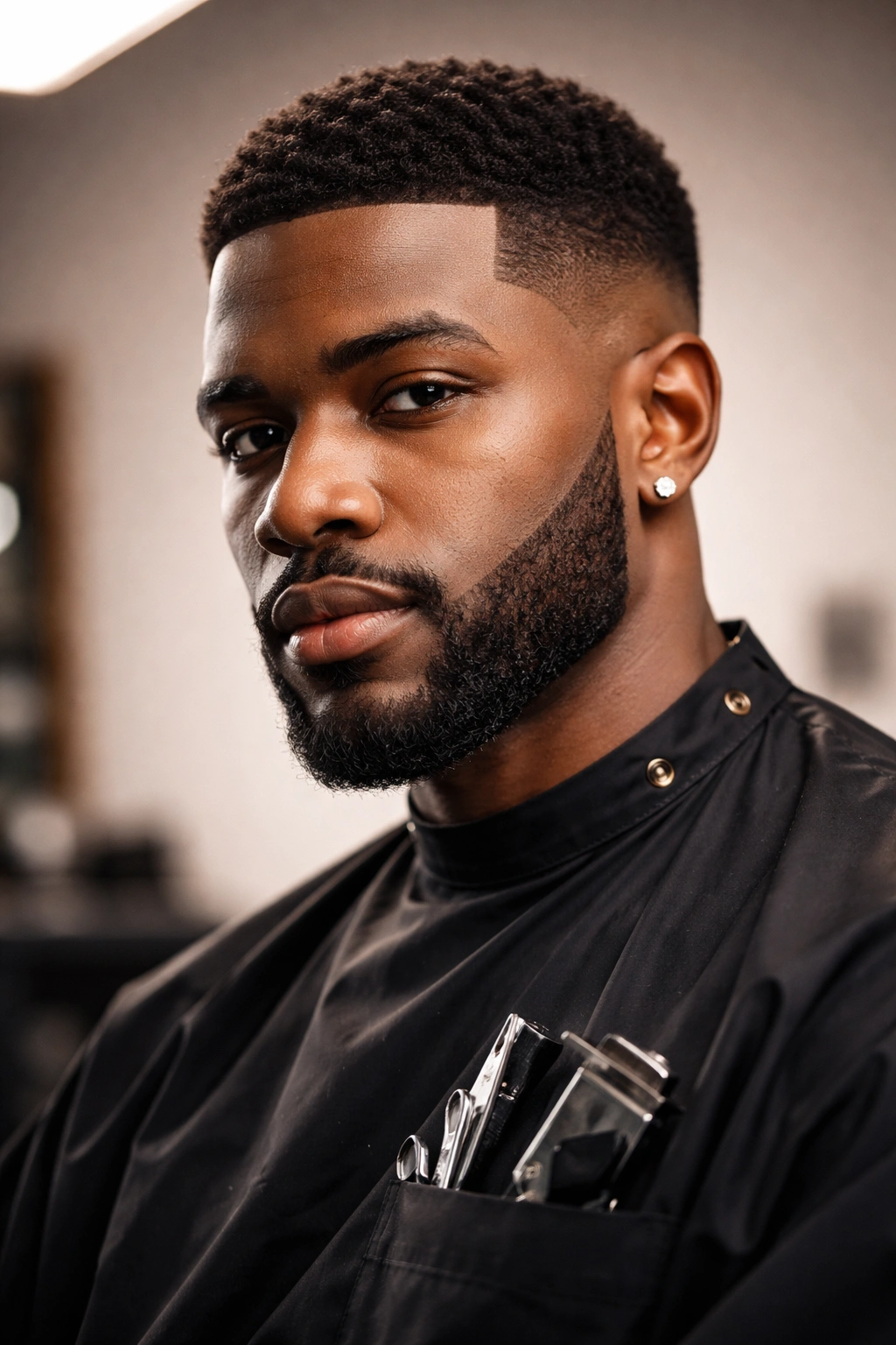 Close-up portrait of a barber with a sharp haircut and clean line against a neutral backdrop
