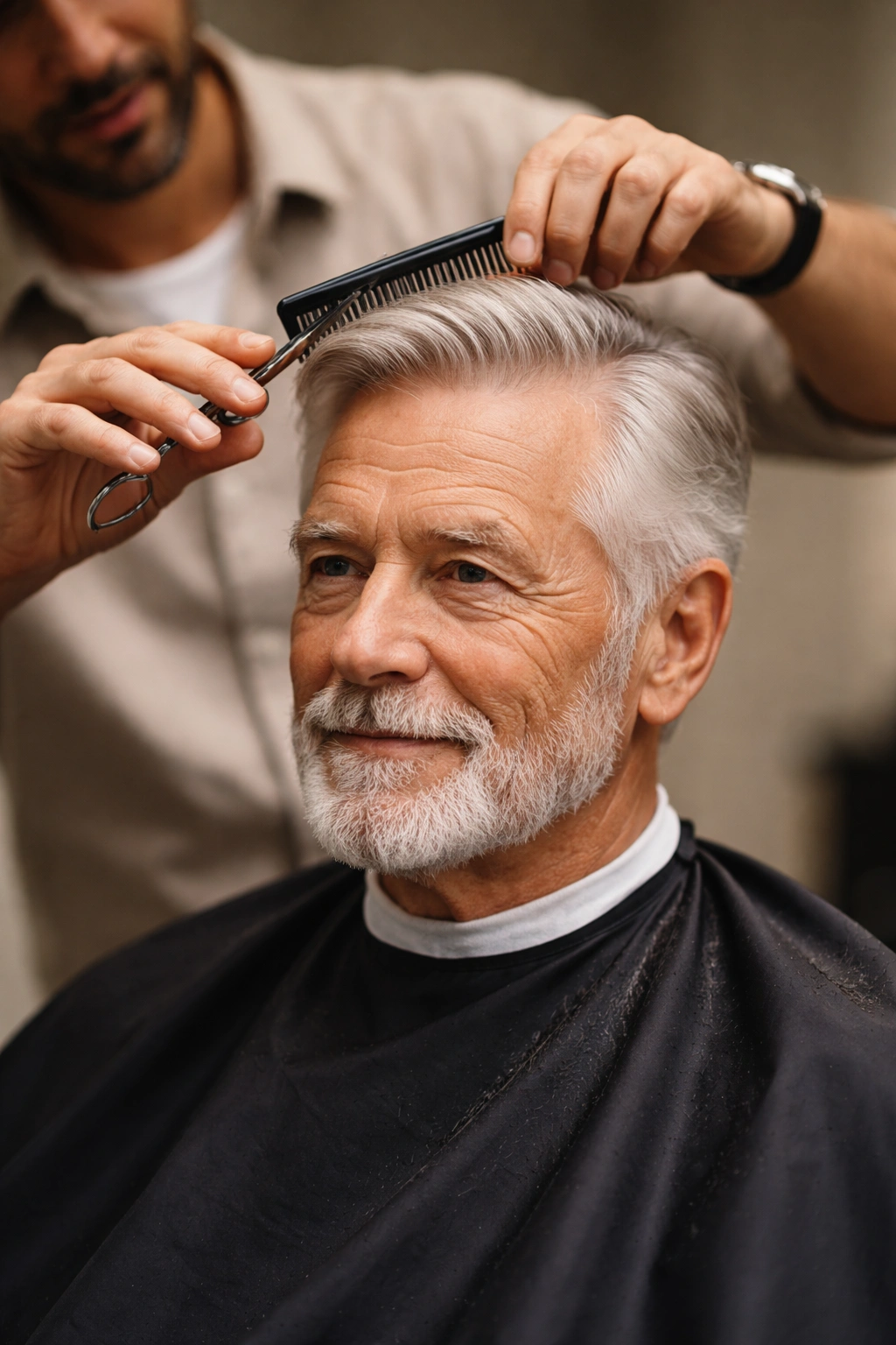Older man in barber chair with barber adjusting the haircut in a calm, minimalist setting