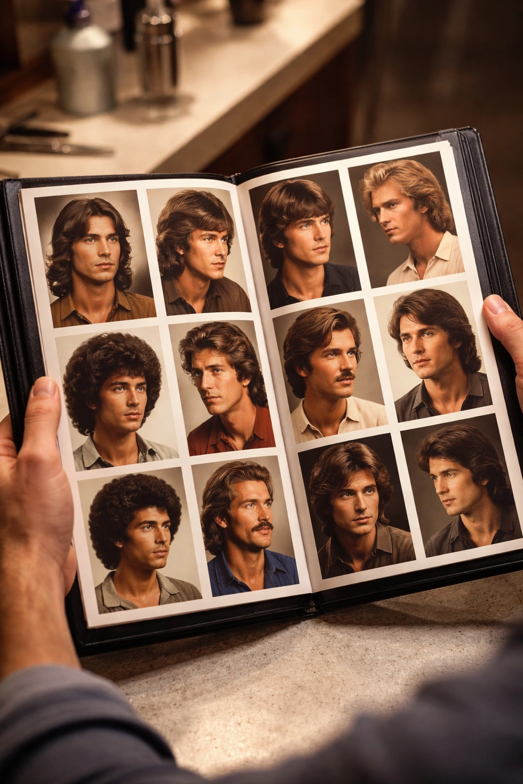 Close-up of hands holding a barber portfolio showing vintage 1970s hairstyles