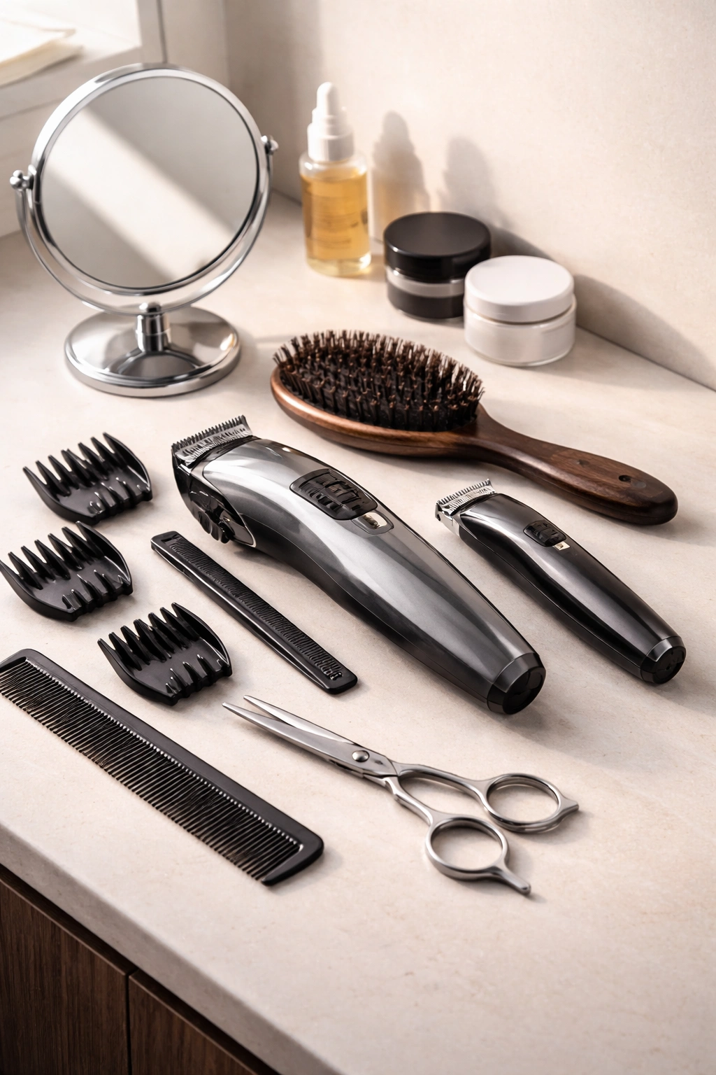 Grooming tools arranged for haircut maintenance routine