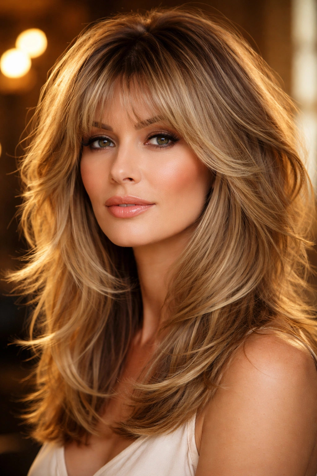 Portrait of layered hair with Bardot bangs in blonde and ash tones for old Hollywood glamour.
