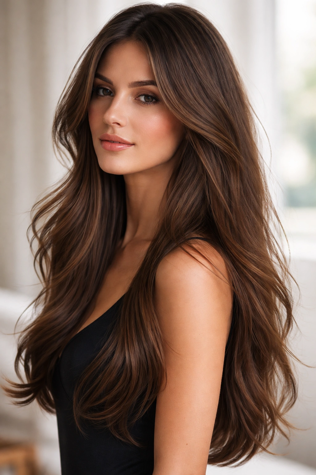 Long hair with barely-there layers around the face and crown, bra-strap length.