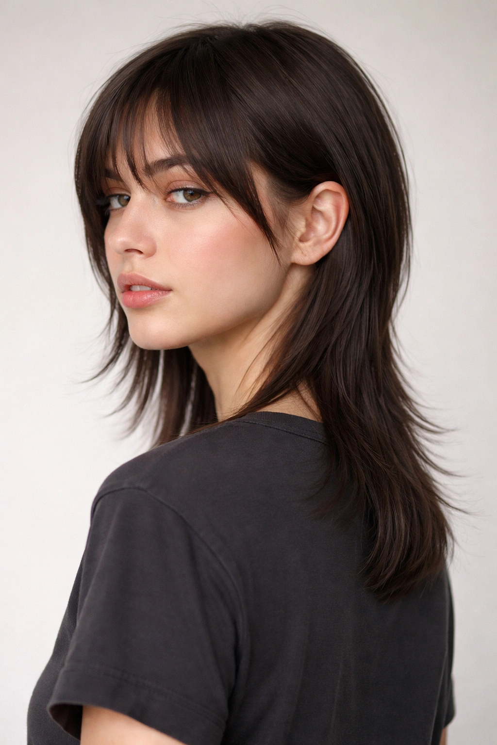 12 Straight Hair Mullet Cuts That Actually Work 1 Close-up portrait of a straight-haired person with a barely-there mullet featuring chin-length front layers and a modest back length