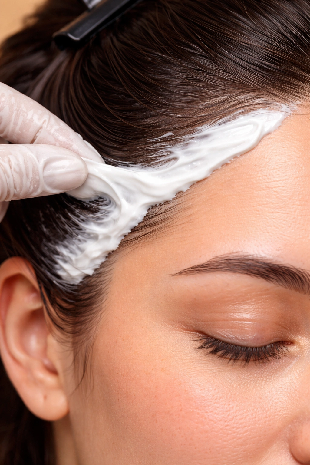 Close-up of skin around hairline with barrier cream protecting against dye stains