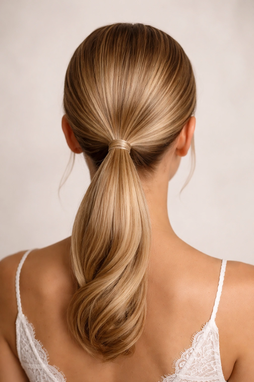 Back view of a low sleek ponytail secured with a clear elastic.