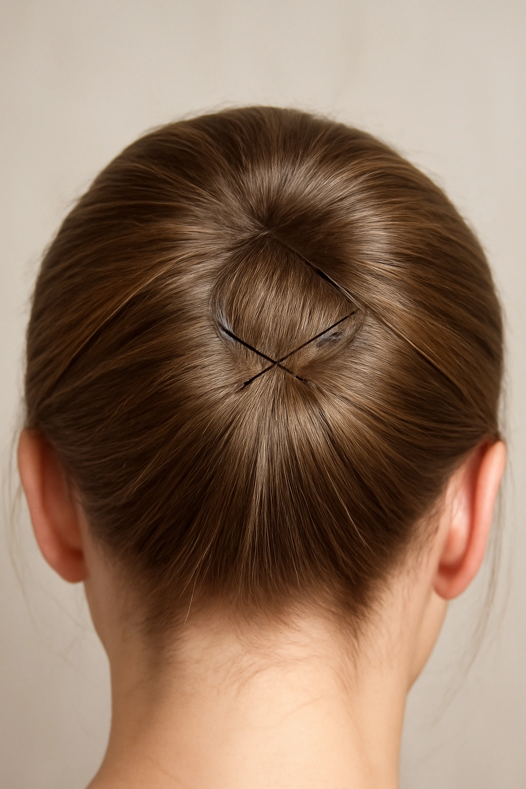 Close-up of crown base with hair circle anchored by bobby pins for spiral braid.