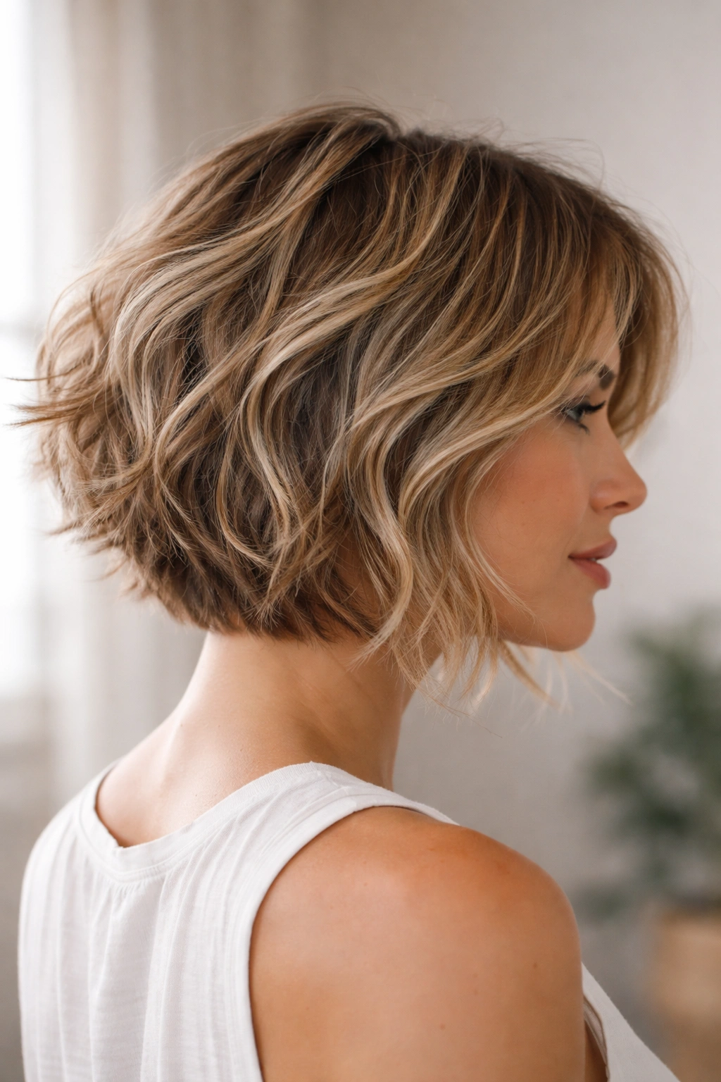 12 Short Stacked Bobs With Lift In The Back 4 Tousled beach wave stacked bob with uneven layers and movement