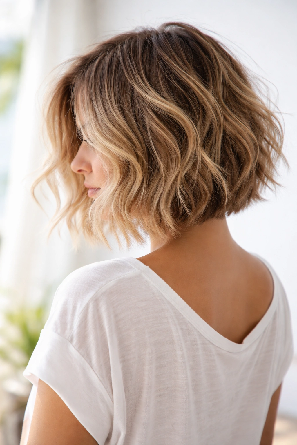 Inverted bob with relaxed beachy waves and textured layers, captured in soft lighting