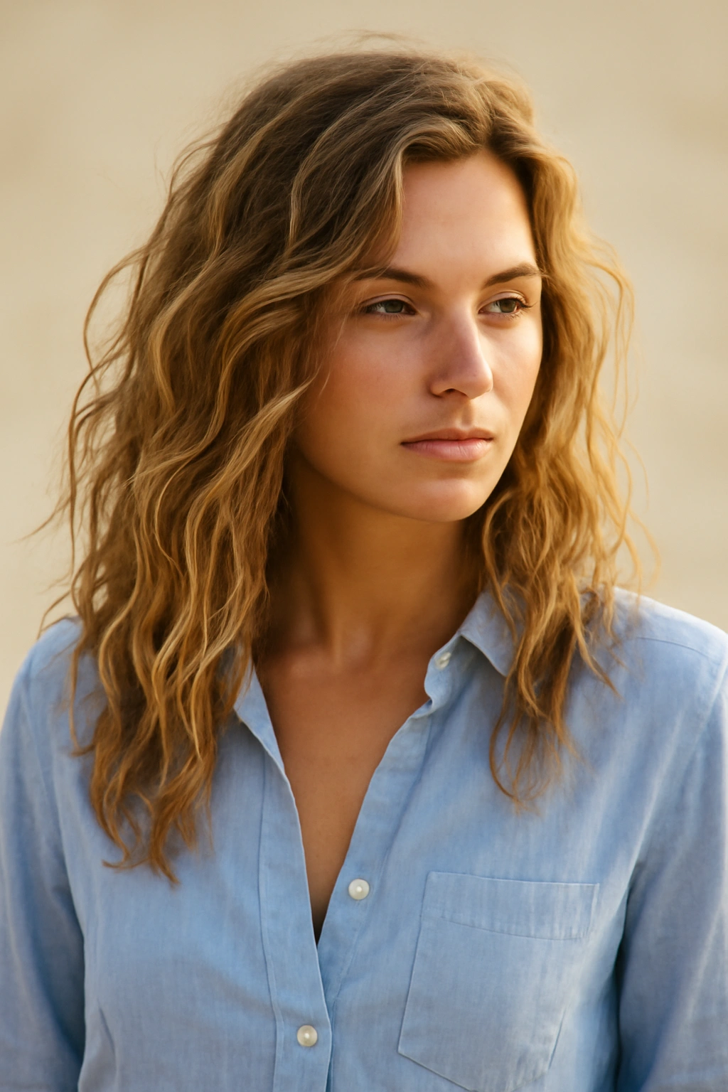 10 Hairstyles That Go With A Button Down Shirt 6 Relaxed beach waves with a casual button-down shirt