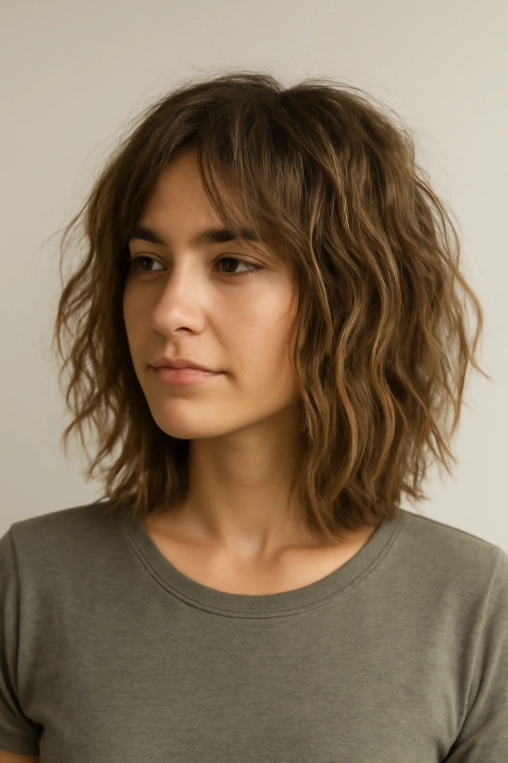 12 Wash and Wear Haircuts for Easy Mornings 9 Shoulder-length hair with beachy, messy waves and choppy layers.