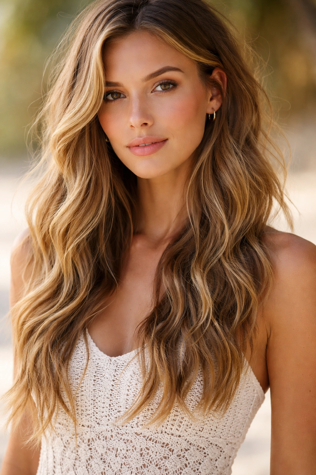 15 Flattering Hairstyles For Long Oval Faces 14 Hair with loose beachy waves, natural texture in warm light.