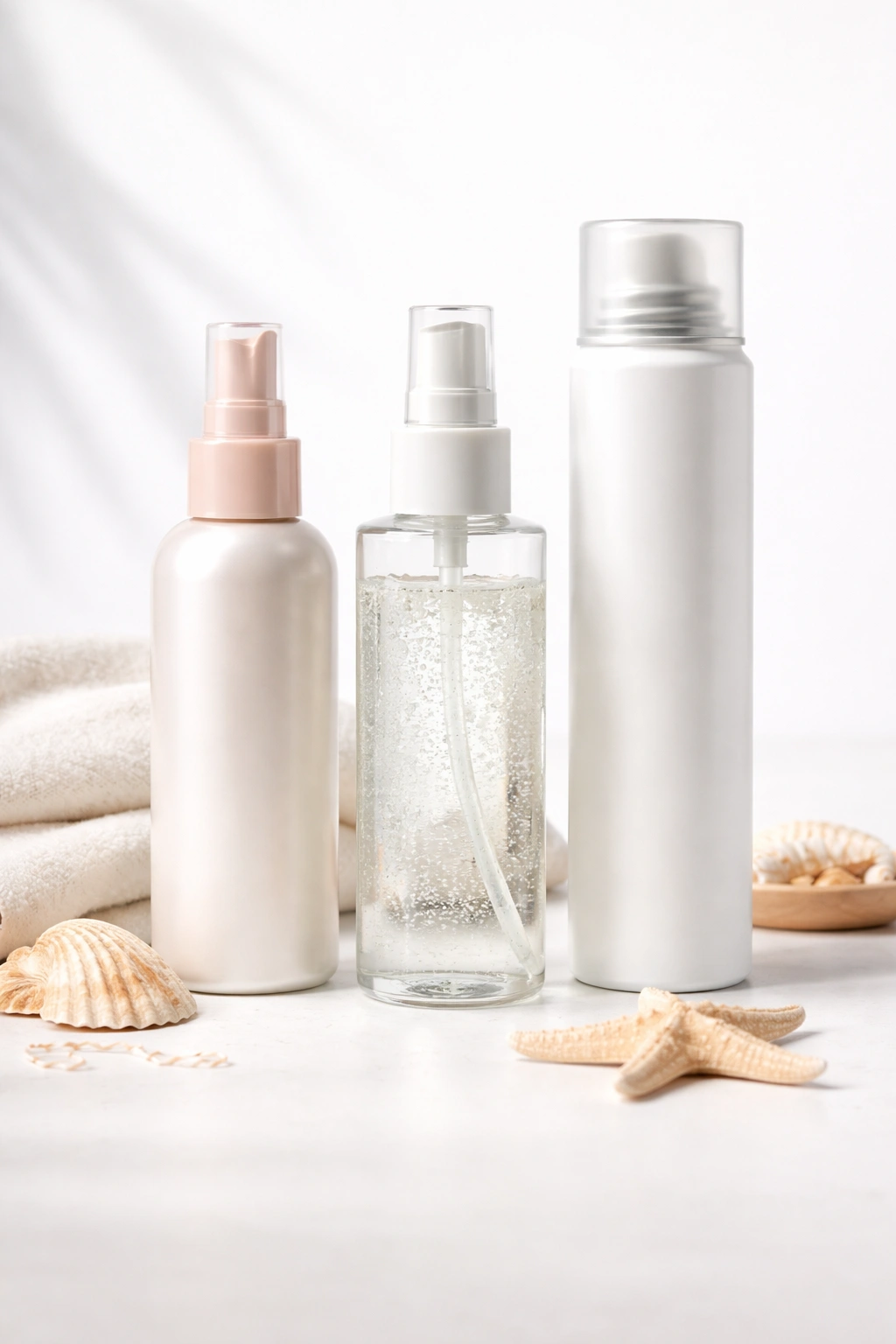 Studio shot of unmarked haircare bottles for beach waves