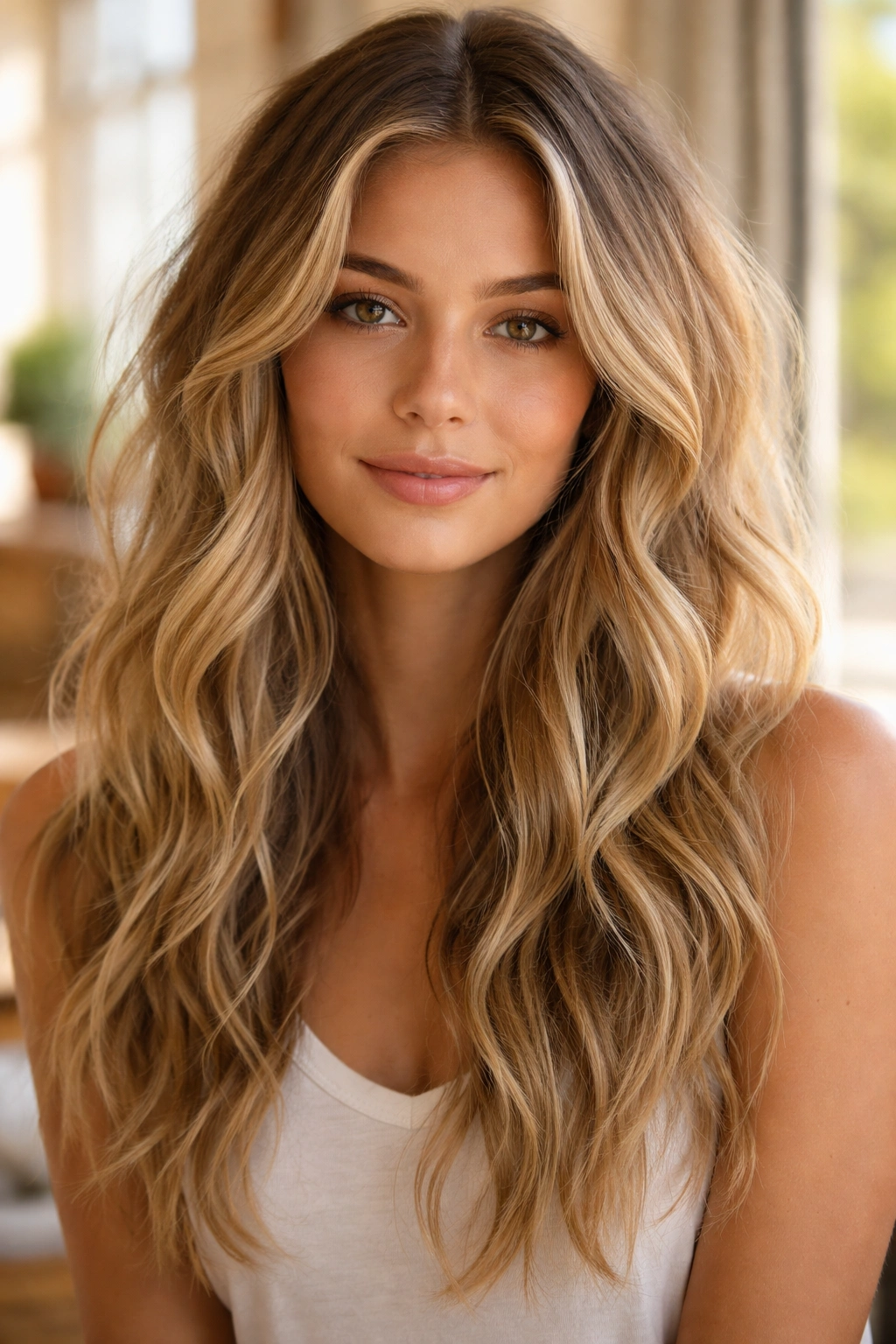 Close-up of a student with long-lasting beachy waves in warm indoor light
