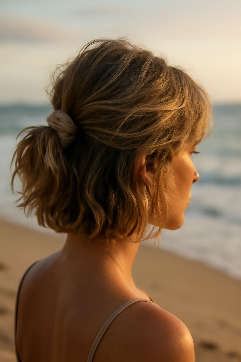 10 Beach Vacation Hairstyles for Short-Haired Women 3 Short hair with tousled waves and fabric scrunchie at the back