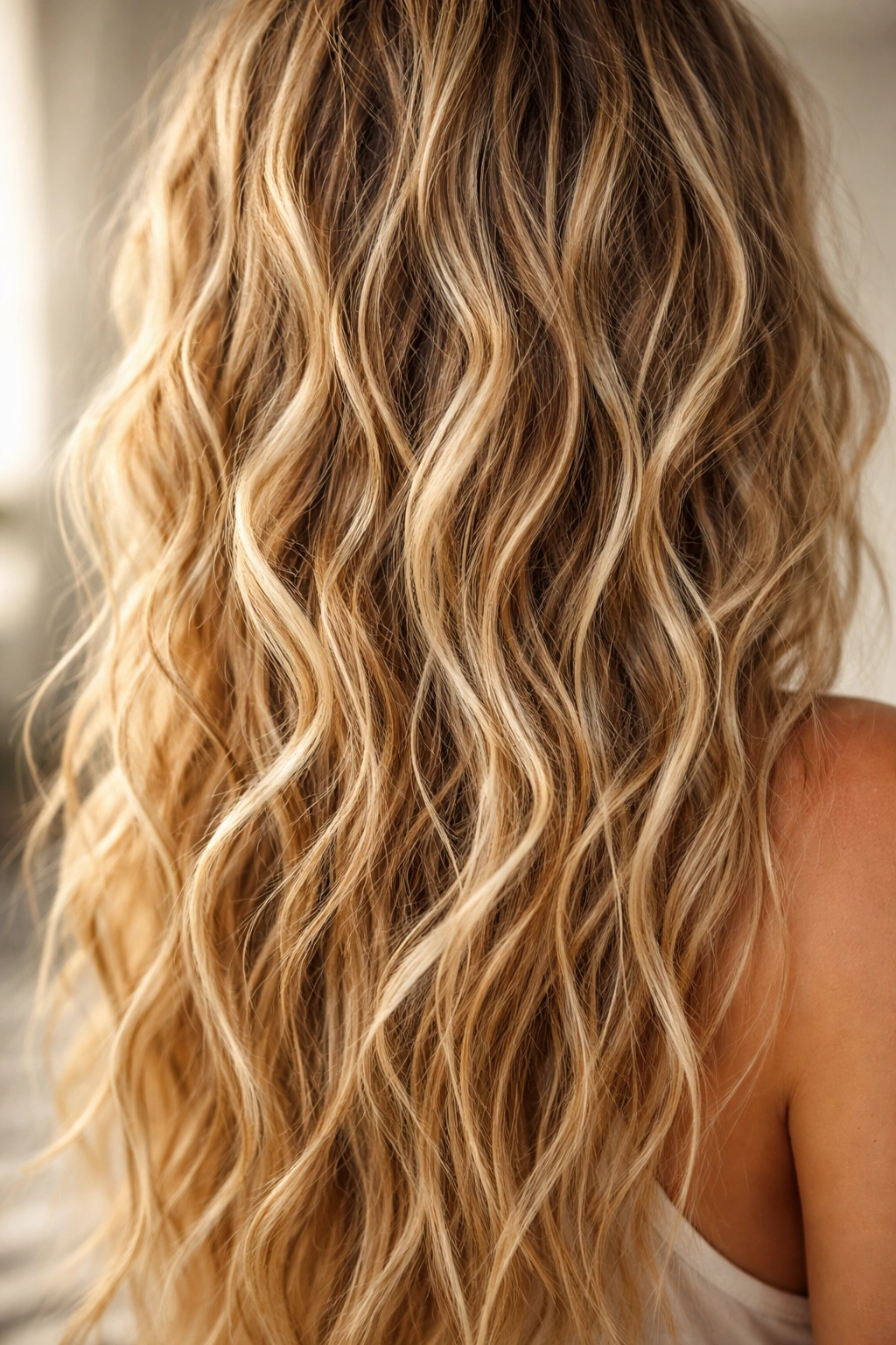 Close-up of beachy textured waves created with sea salt and cream on hair