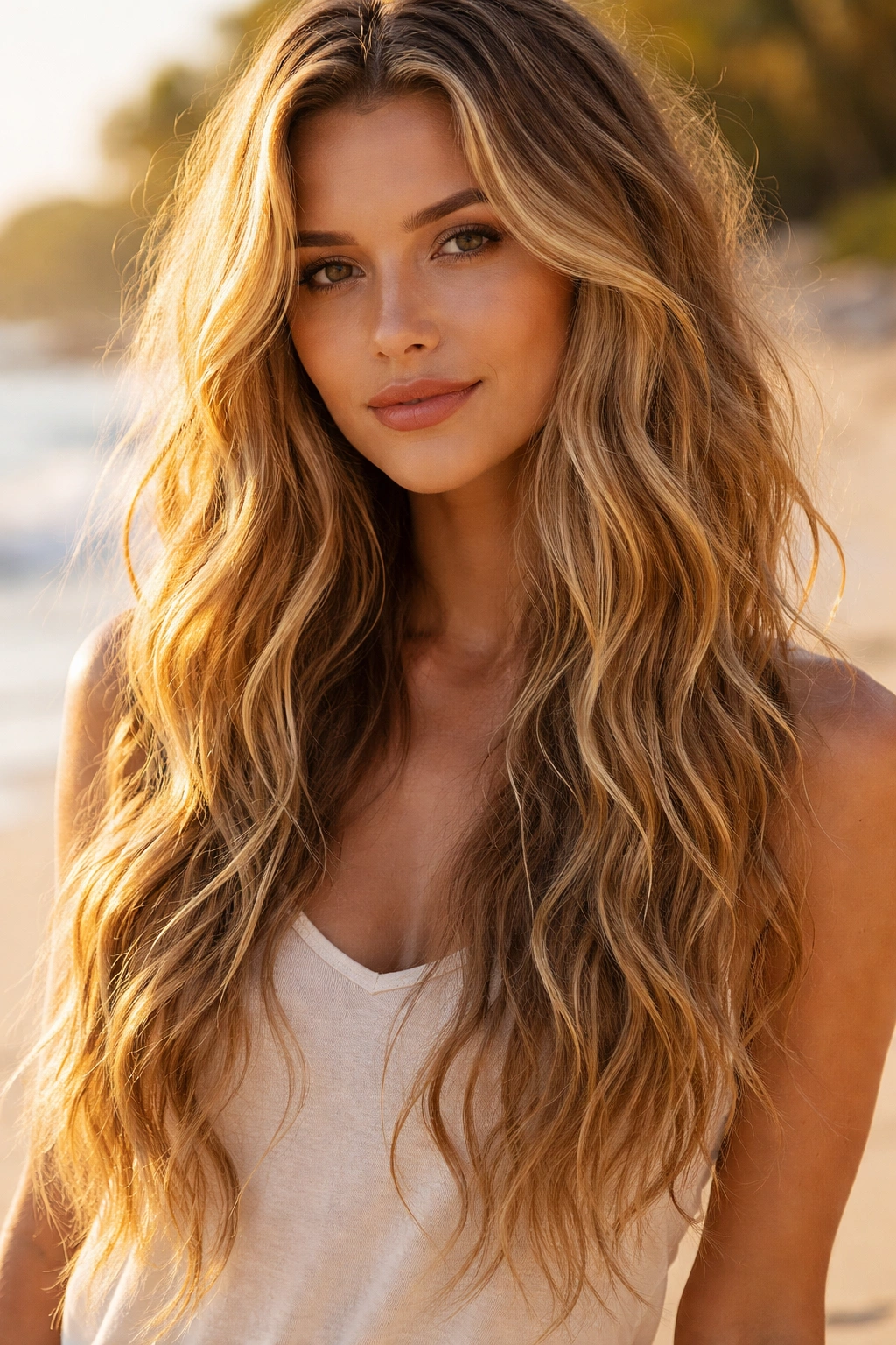 Long hair with beachy texture and uneven waves in sunlight