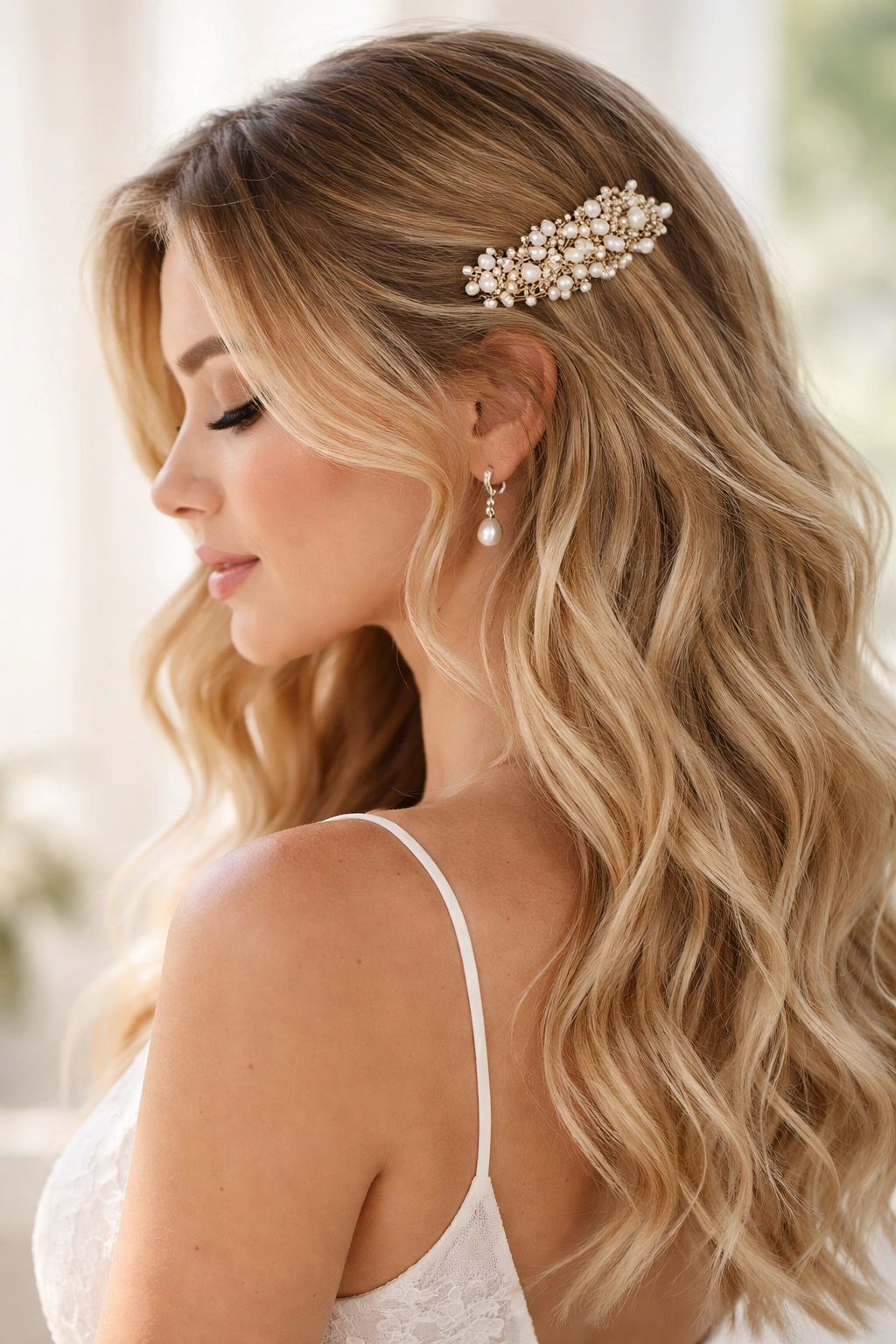 Close-up of beachy undone waves with a pearl comb on one side