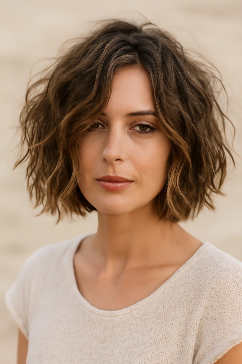 15 Gorgeous Bob Haircuts for Women With Curly Hair 14 Model with textured beachy wave bob in natural light