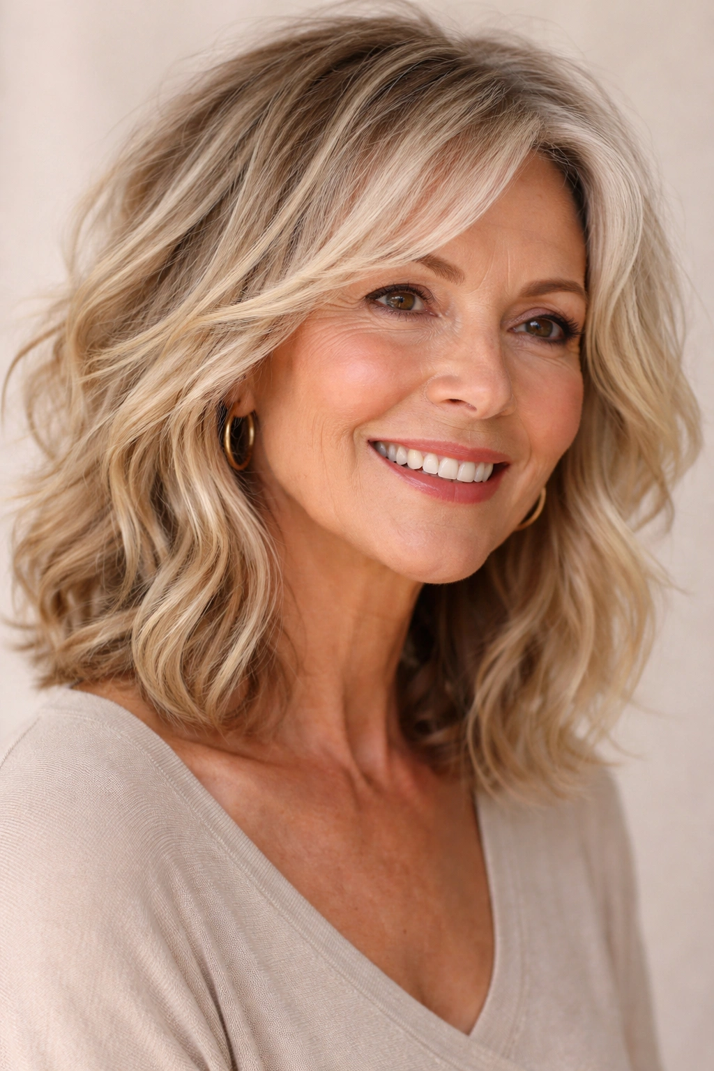 Close-up of a beachy wave lob with layered ends and natural texture.