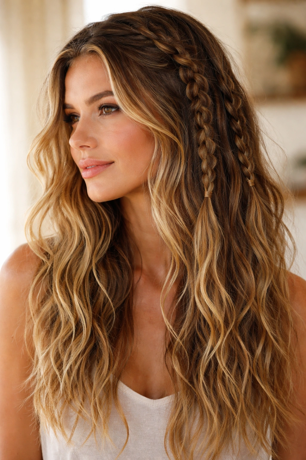 Head-and-shoulders portrait showing beachy waves with braided sections and natural texture under warm light