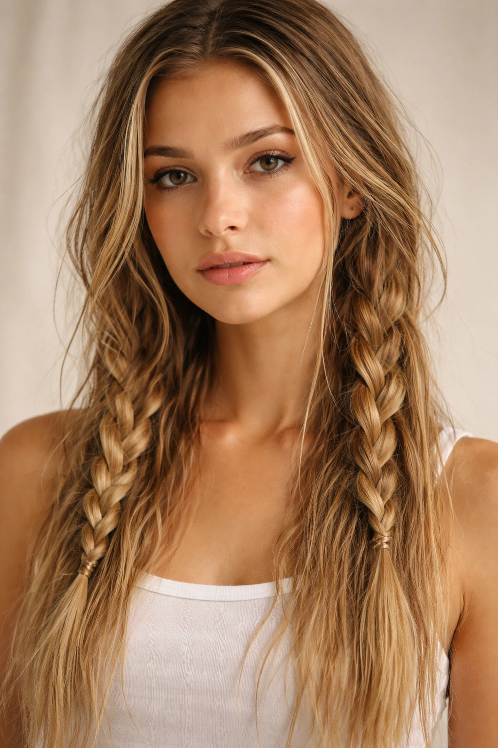 Close-up of damp straight hair styled in 2-4 loose braids for beachy waves