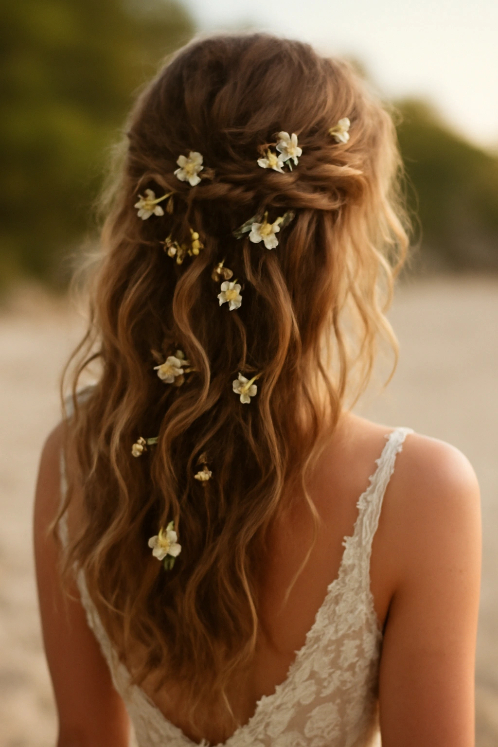 12 Dreamy Wavy Wedding Hairstyles for Every Length 3 Beachy romantic waves with cascading flowers in a natural outdoor setting