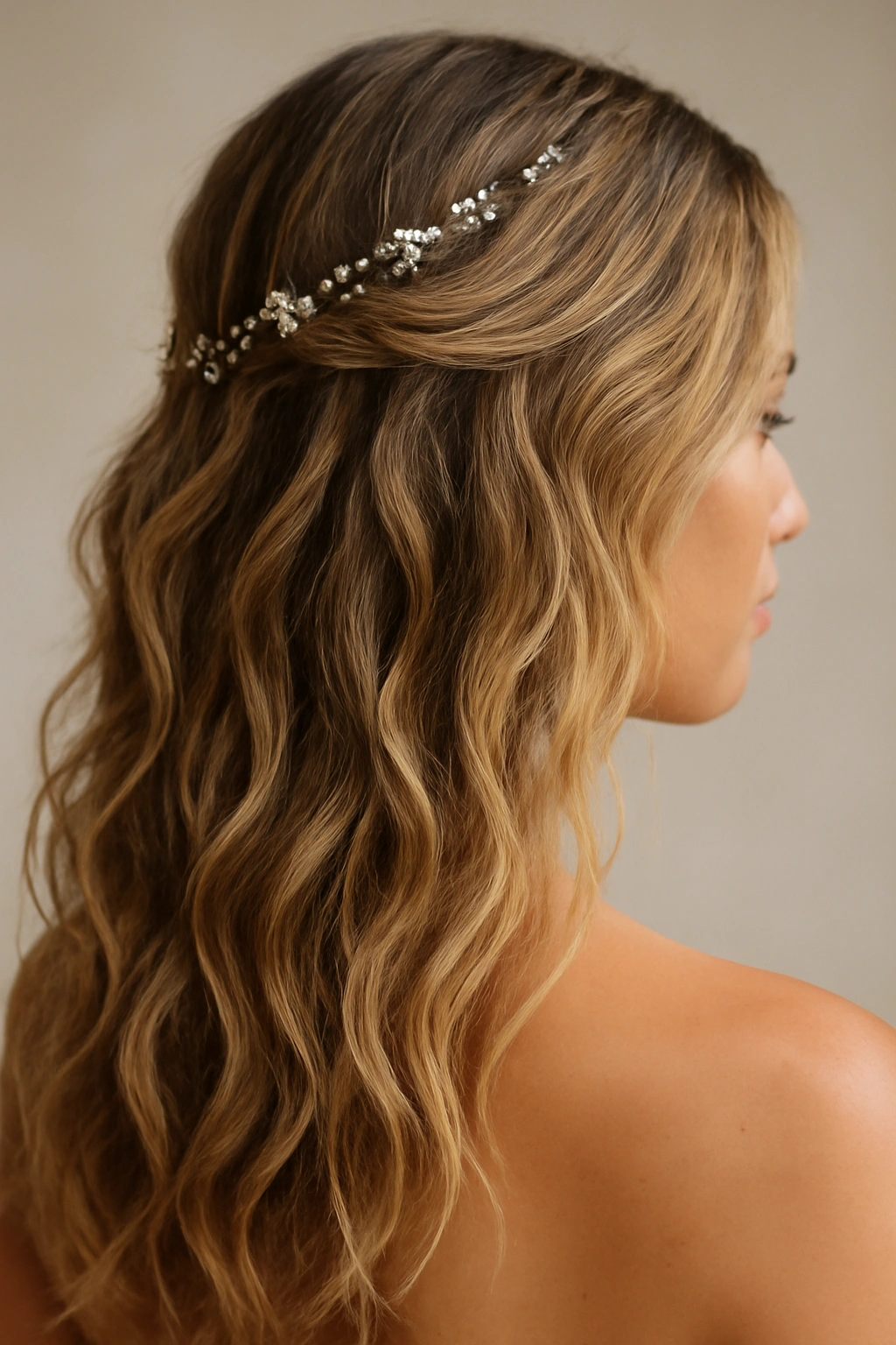 25 Wedding Hairstyles From Pixie Cuts to Long Waves 24 Close-up of beachy waves with delicate hair jewelry