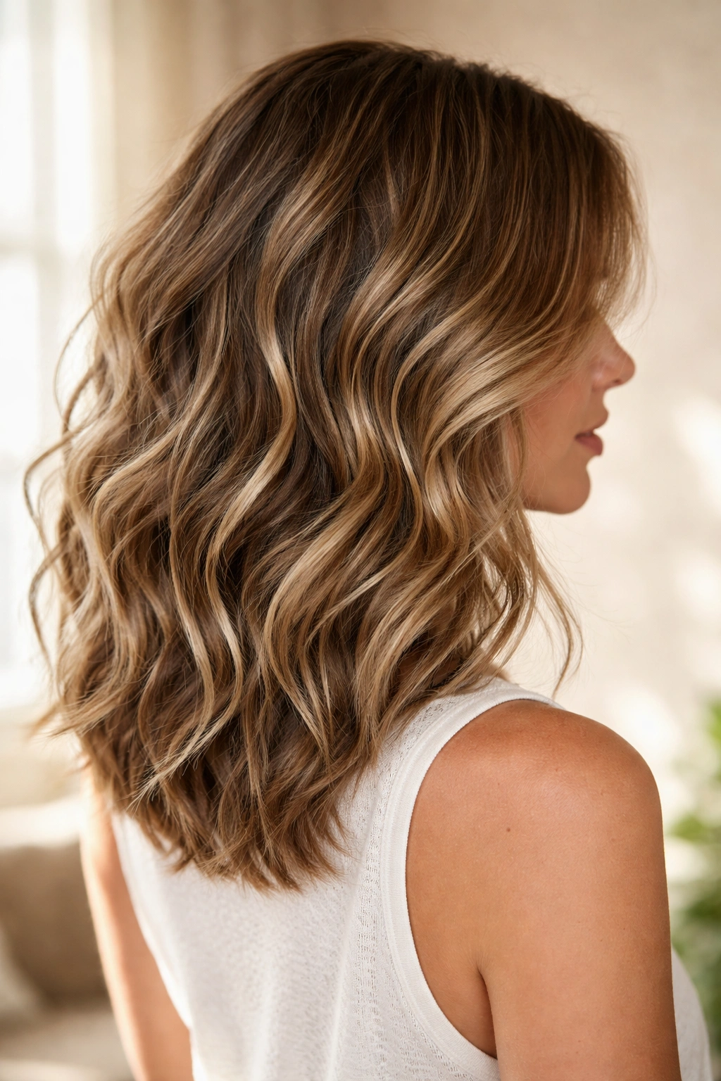 Model with shoulder-length hair styled in loose beachy waves.